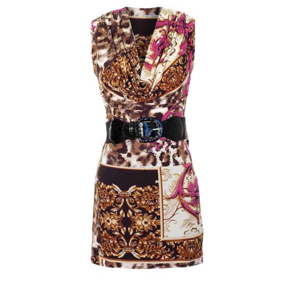 Multicolor Print Short Mini Dress/Draped Neckline